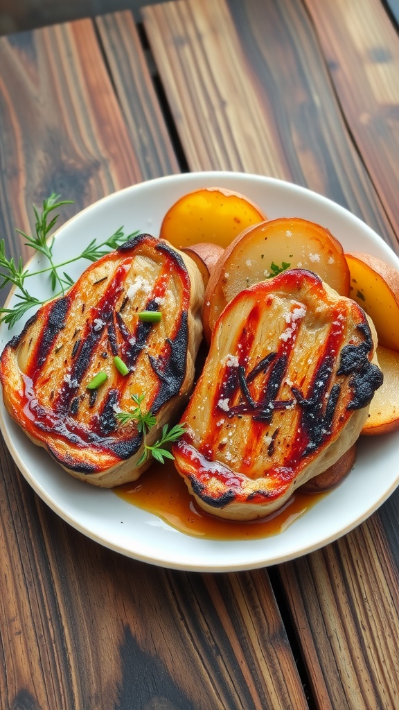 A plate of savory garlic herb pork chops with crispy roasted potatoes, garnished with fresh herbs on a rustic wooden table.